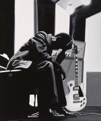 Alain Bertrand, Pause in the Studio (Musiker, Gitarrist, E-Gitarre, Raucher, pause, nachdenklich, Jugendzimmer, Wohnzimmer, Treppenhaus, Wunschgröße, schwarz/weiß)