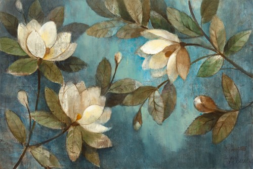 Albena Hristova, Floating Magnolias (Wunschgröße, Modern, Malerei, dekorativ, Pflanzen, Blumen, Blüten, Zweige, Magnolie, Treppenhaus, Wohnzimmer, blau, weiß,)
