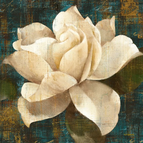 Albena Hristova, Gardenia Blossom Turquoise (Wunschgröße, Modern, Malerei, dekorativ, Pflanzen, Blumen, Blüten, Gardenie,  Wunschgröße, Treppenhaus, Wohnzimmer, blau, weiß,)