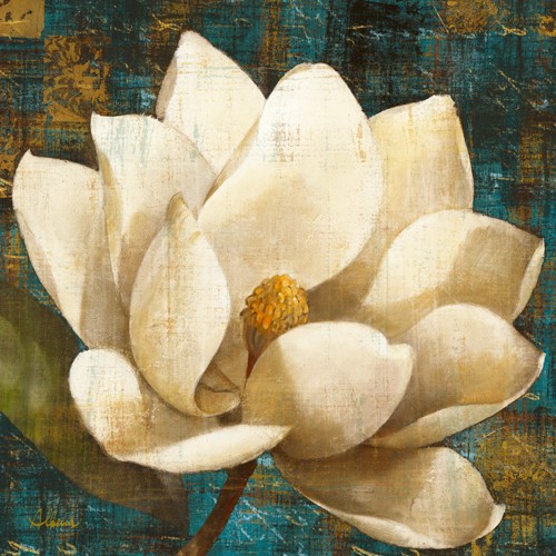 Albena Hristova, Magnolia Blossom Turquoise (Wunschgröße, Modern, Malerei, dekorativ, Pflanzen, Blumen, Blüten,  Magnolie,  Wunschgröße, Treppenhaus, Wohnzimmer, blau, weiß,)