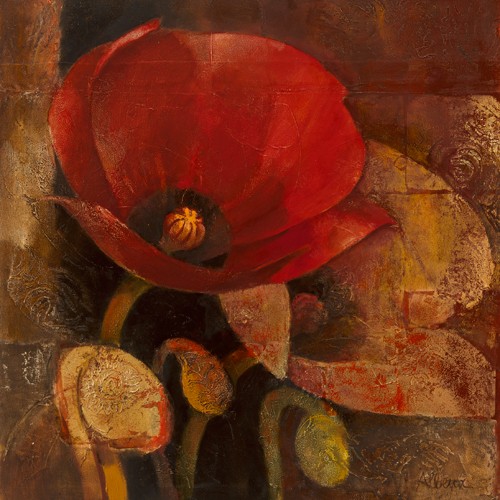 Albena Hristova, Poppy Reflection (Wunschgröpße, Modern, Malerei, dekorativ, Pflanzen, Blumen, Blüten, Mohn, Treppenhaus, Wohnzimmer, braun, rot, Farbfelder)