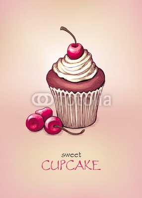 Aleksandra Smirnova, Cupcake with cherry (alt, kunst, gericht, blatt, kaffee, rosa, text, küchen, menü, essen, süss, leere, imbiss, retro, sahne, leer, papier, frisch, gebackenes, album, vektor, raster, kirsche, bäckerei, teig, cupcake, nachspeise, antikes, uralt, jahrgang, kochen, vorlag)