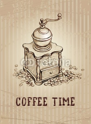 Aleksandra Smirnova, Illustration of coffee grinder (broschüre, braun, kaffee, koffein, karte, kaffee, handwerk, kreativität, entwerfen, kritzeleien, remis, zeichnung, zeichnung, gezeichnet, trinken, leer, espresso, mahlwerk, hand, abbildung, life, maschine, produzent, menü, alt, blatt, papier, bleistif)