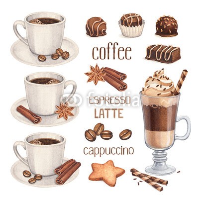 Aleksandra Smirnova, Watercolor illustrations of coffee cup and chocolate sweets (kaffee, milchkaffee, wasserfarben, aroma, kunst, artwork, getränke, frühstücken, kaffee, cafeteria, koffein, cappuccino, schokolade, zimt, frappe, cocktail, kakao, zimtstange, kaffeebohne, sahne, tassen, dunkel, köstlich, nachspeise, zeichnung, trinke)