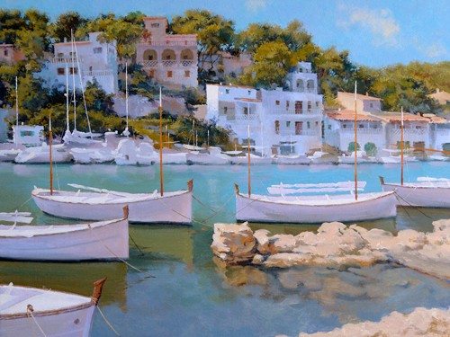 Alex Krioutchkov, Cala Figuera 32 (Wunschgröße, Malerei, Fotorealismus, Mallorca, Hafen, Boote, Segelboote, Sonnenlicht, Spiegelungen, Häuser, Meer, Sommer, Urlaub, Wasser, Wohnzimmer, bunt)