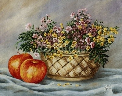 alexcoolok, Basket with buttercups and apples (Wunschgröße, Malerei, Stillleben,  Äpfel, Korb, Blumenkorb, Tuch, Esszimmer, Gastronomie, Küche, bunt)