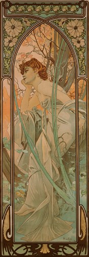 Alfons Maria Mucha, Abendträumerei (Malerei, Plakatmalerei, Plakatkunst, Jugendstil, Frau, Tageszeit, Abend, Melancholie, Träumerei, Visualisierung, Schönheit, Symbolik, Schlafzimmer, Treppenhaus,  bunt)