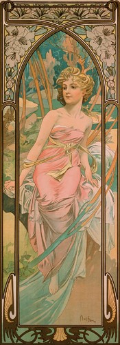 Alfons Maria Mucha, Das Erwachen des Morgens (Wunschgröße, Malerei, Plakatmalerei, Plakatkunst, Jugendstil, Frau, Tageszeit, Morgen, Morgenerwachen, Tagesbeginn, Visualisierung, Schönheit, Symbolik, Schlafzimmer, Treppenhaus,  bunt)