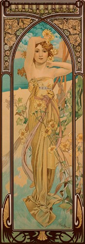 Alfons Maria Mucha, Der Tagesschein (Wunschgröße, Malerei, Plakatmalerei, Plakatkunst, Jugendstil, Frau, Tageszeit, Tag, Tagesbeginn, Tagesanfang, Visualisierung,Schönheit, Symbolik, Schlafzimmer, Treppenhaus,  bunt)