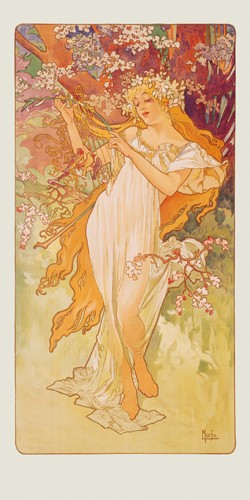 Alfons Maria Mucha, Frühling 1896 (Wunschgröße, Malerei, Plakatmalerei, Plakatkunst, Jugendstil, Frau, Jahreszeit, Frühling, Blumen, Leuchten, Tänzerin, Visualisierung,Schönheit, Symbolik, Schlafzimmer, Treppenhaus,  bunt)