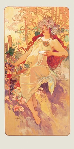 Alfons Maria Mucha, Herbst 1896 (Wunschgröße, Malerei, Plakatmalerei, Plakatkunst, Jugendstil, Frau, Jahreszeit, herbst, Herbstlaub, Leuchten,  Visualisierung, Schönheit, Symbolik, Schlafzimmer, Treppenhaus,  bunt)