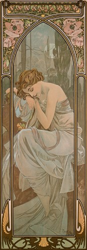 Alfons Maria Mucha, Nachtruhe (Wunschgröße, Malerei, Plakatmalerei, Plakatkunst, Jugendstil, Frau, Tageszeit, Nacht, Schlaf, Traum, Ruhe, Visualisierung, Schönheit, Symbolik, Schlafzimmer, Treppenhaus,  bunt)