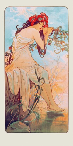 Alfons Maria Mucha, Sommer 1896 (Wunschgröße, Malerei, Plakatmalerei, Plakatkunst, Jugendstil, Frau, Jahreszeit, Sommer, Wärme, Müdigkeit, Lethargie, Visualisierung,Schönheit, Symbolik, Schlafzimmer, Treppenhaus,  bunt)