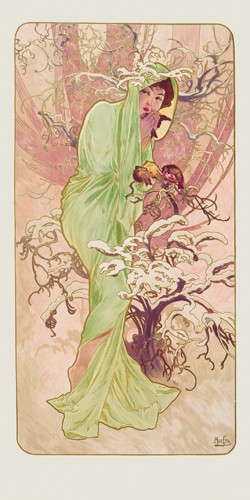 Alfons Maria Mucha, Winter 1896 (Wunschgröße, Malerei, Plakatmalerei, Plakatkunst, Jugendstil, Frau, Jahreszeit, Winter, Kälte, Schnee, Eis, Visualisierung,Schönheit, Symbolik, Schlafzimmer, Treppenhaus,  bunt)