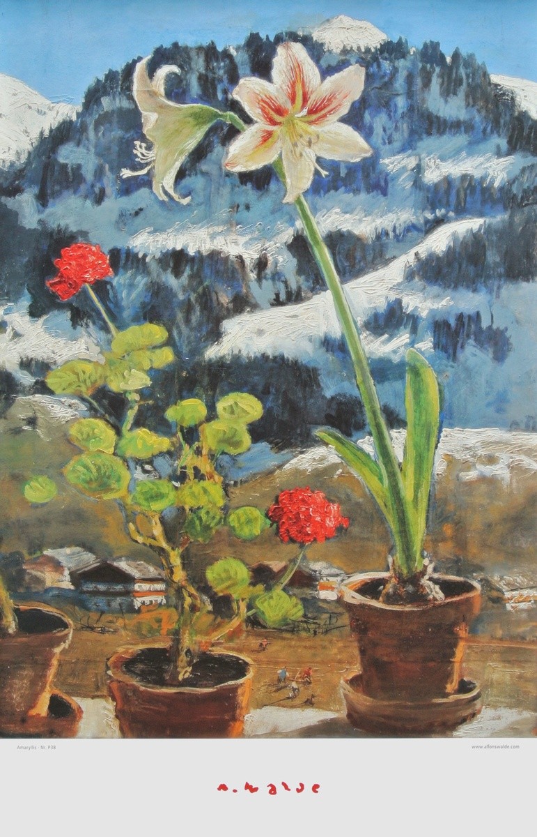 Alfons Walde, Amaryllis (Fensterbank, Blumentöpfe, Frühling, Amaryllis,Natur, Landschaft, Winter, Winterlandschaft, Schnee, Berge, Gebirge, Wohnzimmer, bunt, Malerei,)