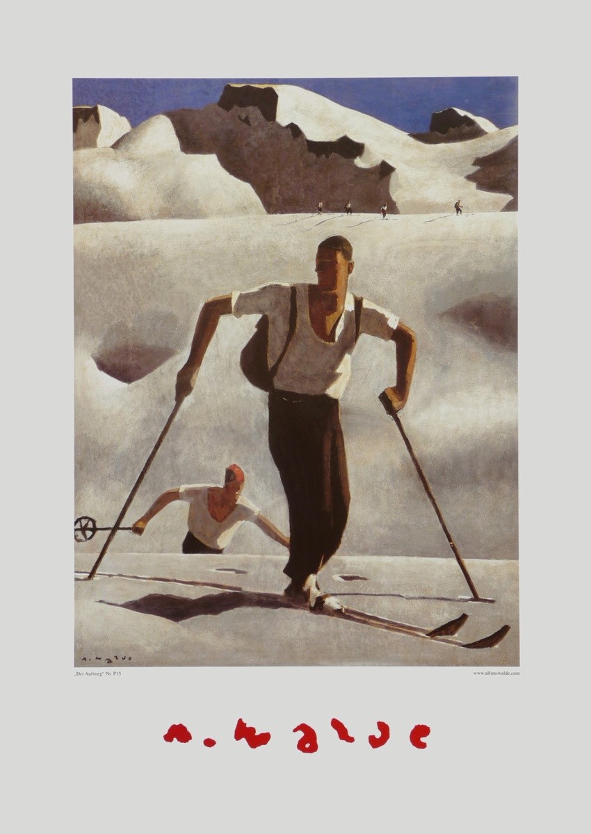 Alfons Walde, Der Aufstieg (Skifahrer, Wintersport, historisch, Schnee, Winterlandschaft, Gebirge, Sonnenlicht,  Wohnzimmer, Treppenhaus, Malerei, Secessionismus, klassische Moderne, bunt)