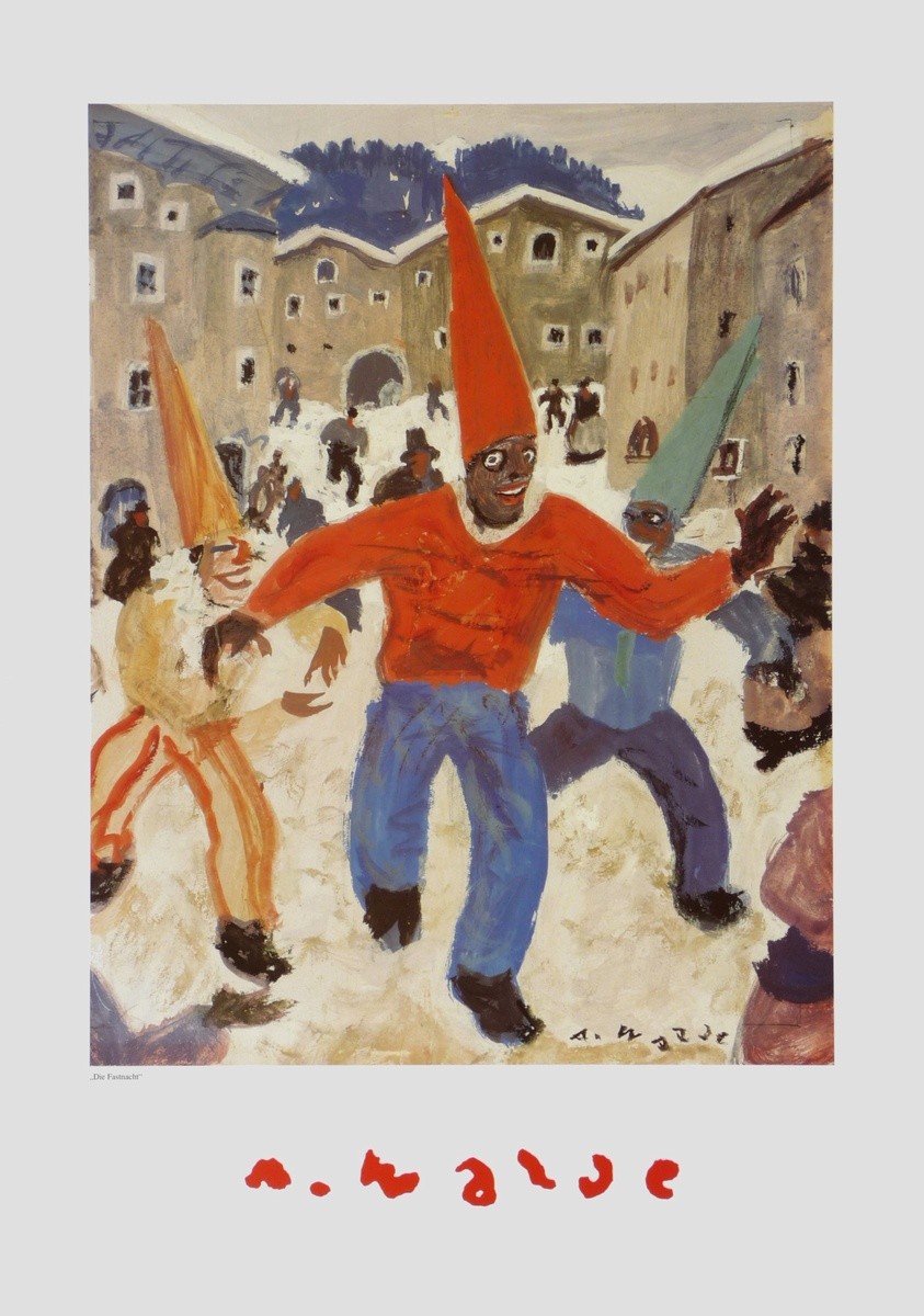 Alfons Walde, Die Fastnacht - Karneval (Karneval, Kostüme, Fasching, Dorf, Spaß, Fröhlichkeit, historisch, Winter, Secessionismus, klassische Moderne, Wohnzimmer, Treppenhaus, Malerei, bunt)