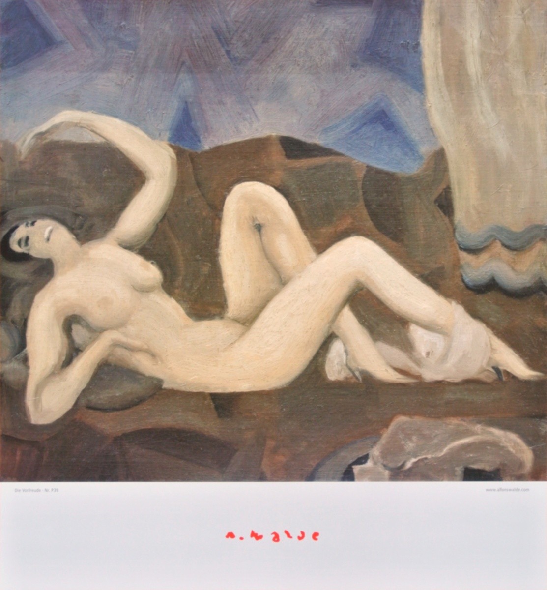 Alfons Walde, Die Vorfreude - Liegender Akt (Akt, nackte Frau, Erotik, liegende Nackte, Erwartung, Lust, Secessionismus, klassische Moderne, Schlafzimmer, bunt, Malerei,)