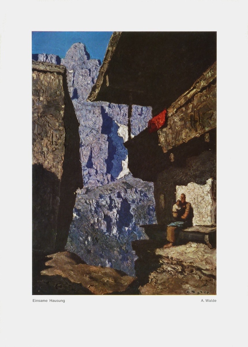 Alfons Walde, Einsame Hausung (Bergdorf, Felsen, Schroff, Einsamkeit, Bäuerlich,  Secessionismus, klassische Moderne, Wohnzimmer, Treppenhaus, bunt, Malerei,)