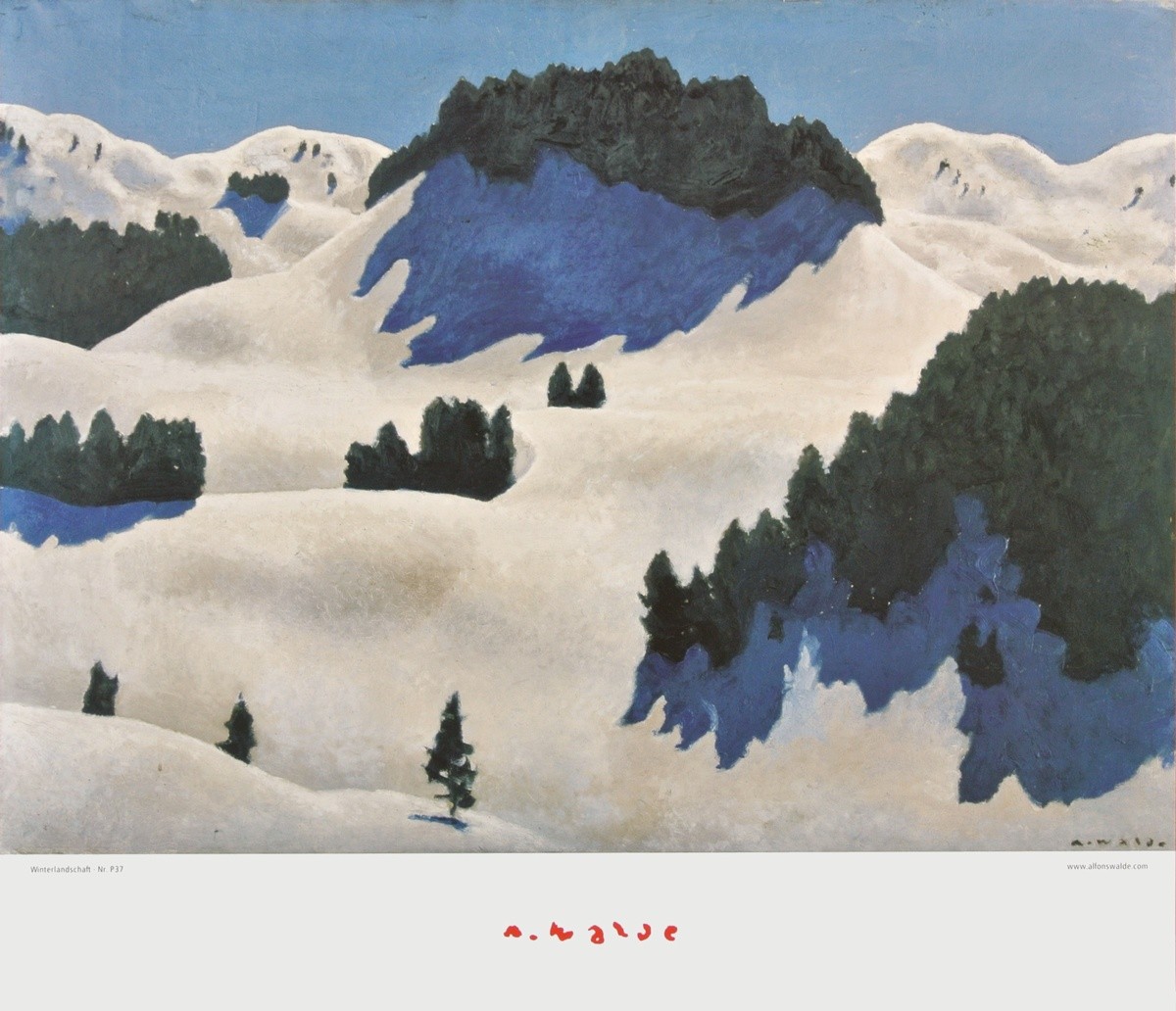 Alfons Walde, Winterlandschaft (Natur, Gebirge, Österreich, Winter, Winterlandschaft, Leuchtkraft, Schnee, Sonnenlicht,  Secessionismus, klassische Moderne, Wohnzimmer, Treppenhaus, Malerei, bunt)