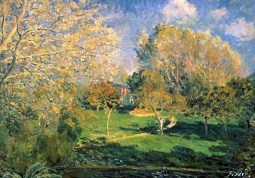 Alfred Sisley, Der Garten von Monsieur Hoschéde (Landschaft, Landschaftsmalerei, Garten, Felder, Bäume, Weg, Pfad, Wohnzimmer, Treppenhaus, Impressionismus, Klassische Moderne, Malerei, Wunschgröße, bunt)