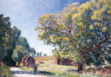 Alfred Sisley, Eine Lichtung in der Nähe... (Landschaft, Landschaftsmalerei, Felder, Bäume, Idylle, Spaziergänger, Weg, Wohnzimmer, Treppenhaus, Impressionismus, Klassische Moderne, Malerei, Wunschgröße, bunt)