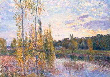 Alfred Sisley, Landschaft bei Chevreuil (Landschaft, Landschaftsmalerei,  Fluss, Bäume, Idylle, Wohnzimmer, Treppenhaus, Impressionismus, Klassische Moderne, Malerei, Wunschgröße, bunt)