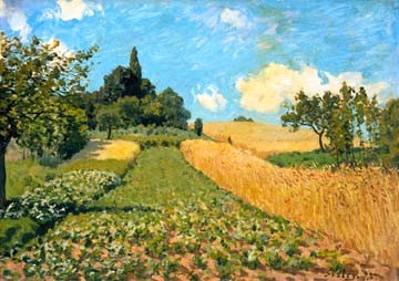 Alfred Sisley, Sommerlandschaft (Landschaft, Landschaftsmalerei, Sommer, Kornfeld, Weg, Idylle, Wohnzimmer, Treppenhaus, Impressionismus, Klassische Moderne, Malerei, Wunschgröße, bunt)