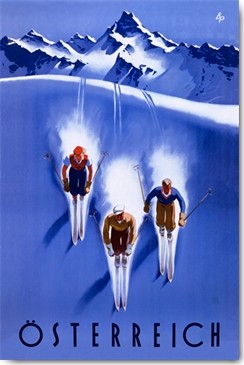 Alfred Wall, Österreich (Wunschgröße, Plakatkunst, Werbung, Tourismus, Winterurlaub, Berge, Alpen, Skifahrer, Wintersport, Nostalgie, Vintage, Treppenhaus, Reisebüro, bunt)