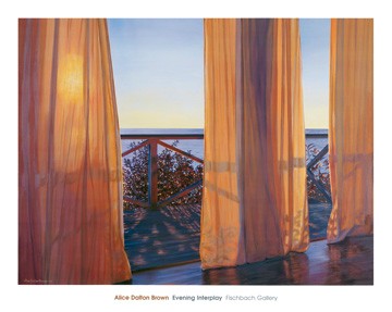 Alice Dalton Brown, Evening Interplay, 2000 (Malerei, Fotorealismus, Meeresbrise, Meer, Fenster, Aussicht, Sonnenuntergang, Veranda, Vorhänge, Leichtigkeit, Entspannung, Urlaub, Wellness, Schlafzimmer, Badezimmer, bunt)