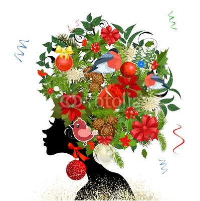 Aloksa, Fashionable girl with Christmas hairstyle for your design (haare, gestalten, vektor, abbildung, stil, mÃ¤dchen, frau, entwerfen, floral, blume, weiblich, kunst, weihnachten, urlaub, vermissen, verzweigt, neu, jahre, gimpel, vÃ¶gel, geschenk, box, ball, kegel, schneeflocke, bogen, poinsettia, stechpalme, beer)