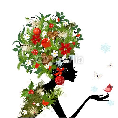 Aloksa, Fashionable girl with Christmas hairstyle for your design (haare, gestalten, vektor, abbildung, stil, mÃ¤dchen, frau, entwerfen, floral, blume, weiblich, kunst, weihnachten, urlaub, vermissen, verzweigt, neu, jahre, schmetterling, vÃ¶gel, geschenk, box, ball, kegel, schneeflocke, bogen, poinsettia, stechpalm)