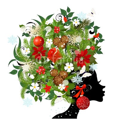 Aloksa, Fashionable girl with Christmas hairstyle for your design (haare, gestalten, vektor, abbildung, stil, mÃ¤dchen, frau, entwerfen, floral, blume, weiblich, kunst, weihnachten, urlaub, vermissen, verzweigt, neu, jahre, schmetterling, geschenk, box, ball, kegel, schneeflocke, bogen, poinsettia, stechpalme, beer)