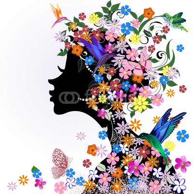 Aloksa, Floral hairstyle, girl and butterfly bird (abstrakt, kunst, schÃ¶ner, schÃ¶nheit, vÃ¶gel, blÃ¼hen, blÃ¼hen, schmetterling, kreativ, kreativitÃ¤t, deko, dekoration, dekorativ, entwerfen, zeichnung, eleganze, fantasy, gestalten, weiblich, floral, blume, laubwerk, mÃ¤dchen, glamour, grafik, grung)