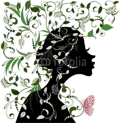 Aloksa, Floral hairstyle, girl and butterfly (abstrakt, kunst, hintergrund, schÃ¶ner, schÃ¶nheit, schmetterling, blÃ¼hen, kreativ, gewellt, deko, dekoration, dekorativ, entwerfen, zeichnung, gestalten, weiblich, weiblich, floral, blume, laubwerk, mÃ¤dchen, grafik, haare, hairstyle, kopf, abbildun)