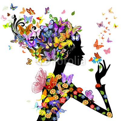 Aloksa, girl fashion flowers with butterflies (mÃ¤dchen, floral, gestalten, schÃ¶nheit, blume, abstrakt, abbildung, entwerfen, vektor, modellieren, haare, frÃ¼hling, kunst, weiblich, sommer, schÃ¶ner, portrait, frau, schmetterling, jahrgang, zeichnung, natur, freudig, element, gesicht, dekorati)