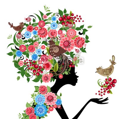 Aloksa, girl fashion flowers (mÃ¤dchen, floral, gestalten, schÃ¶nheit, blume, abstrakt, abbildung, entwerfen, vektor, modellieren, haare, frÃ¼hling, kunst, weiblich, sommer, schÃ¶ner, portrait, frau, vÃ¶gel, beere, jahrgang, zeichnung, natur, freudig, element, gesicht, dekorati)