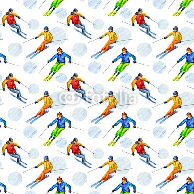 Aloksa, Skiers. Seamless texture watercolor (skiläufer, skier, skilaufen, winter, schnee, extrem, berg, nahtlos, downhill, sport, amphetamine, hintergrund, mustern, textur, stoff, tapete, entwerfen, spaß, leute, aktion, jung, wettbewerb, spiel, kühl, athlet, person, lebensstil, steigung, kal)