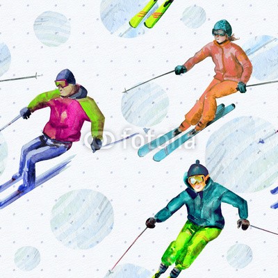 Aloksa, Skiers. Seamless texture watercolor (skiläufer, skier, skilaufen, winter, schnee, extrem, berg, nahtlos, downhill, sport, amphetamine, hintergrund, mustern, textur, stoff, tapete, entwerfen, spaß, leute, aktion, jung, wettbewerb, spiel, kühl, athlet, person, lebensstil, steigung, kal)