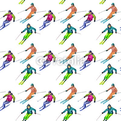 Aloksa, Skiers. Seamless texture watercolor (skiläufer, skier, skilaufen, winter, schnee, extrem, berg, nahtlos, downhill, sport, amphetamine, hintergrund, mustern, textur, stoff, tapete, entwerfen, spaß, leute, aktion, jung, wettbewerb, spiel, kühl, athlet, person, lebensstil, steigung, kal)