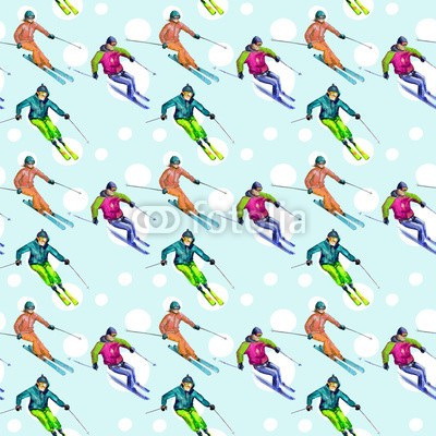 Aloksa, Skiers. Seamless texture watercolor (skiläufer, skier, skilaufen, winter, schnee, extrem, berg, nahtlos, downhill, sport, amphetamine, hintergrund, mustern, textur, stoff, tapete, entwerfen, spaß, leute, aktion, jung, wettbewerb, spiel, kühl, athlet, person, lebensstil, steigung, kal)