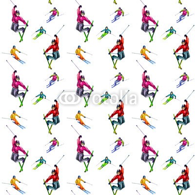 Aloksa, Skiers. Seamless texture watercolor (skiläufer, skier, skilaufen, winter, schnee, extrem, berg, nahtlos, downhill, sport, amphetamine, hintergrund, mustern, textur, stoff, tapete, entwerfen, spaß, leute, aktion, jung, wettbewerb, spiel, kühl, athlet, person, lebensstil, steigung, kal)