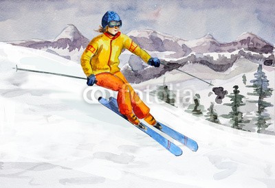 Aloksa, Winter mountain landscape. watercolor (skilaufen, skiläufer, skier, schnee, winter, extrem, downhill, sport, berg, aktion, himmel, spaß, amphetamine, weiß, aktiv, kalt, lebensstil, erholung, jung, aufregung, jahreszeit, alpine, kühl, frau, leute, steigung, landschaft, kunst, wasserfarbe)