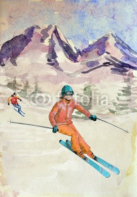 Aloksa, Winter mountain landscape. watercolor (skilaufen, skiläufer, skier, schnee, winter, extrem, downhill, sport, berg, aktion, himmel, spaß, amphetamine, weiß, aktiv, kalt, lebensstil, erholung, jung, aufregung, jahreszeit, alpine, kühl, guy, leute, steigung, landschaft, kunst, wasserfarbe)