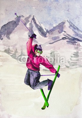 Aloksa, Winter mountain landscape. watercolor (skilaufen, skiläufer, skier, schnee, winter, extrem, downhill, sport, berg, aktion, himmel, spaß, amphetamine, weiß, aktiv, kalt, lebensstil, erholung, jung, aufregung, jahreszeit, alpine, kühl, guy, leute, steigung, landschaft, kunst, wasserfarbe)