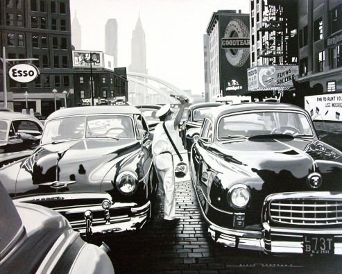 Alain Bertrand, Vendeur de Pepsi à Manhattan (Oldtimer, New York, Manhattan, Pepsi Verkäufer, Autos, Nostalgie, Restaurant, Wohnzimmer, Treppenhaus, Malerei, schwarz/weiß)