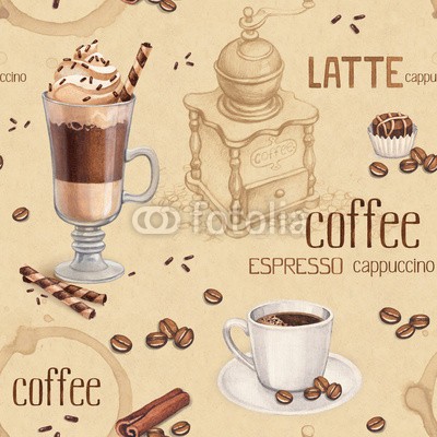 Aleksandra Smirnova, Pattern with illustrations of coffee cup and coffee beans (aroma, milchkaffee, getränke, frühstücken, kaffee, cafeteria, cappuccino, cocktail, kaffee, schokolade, koffein, sahne, tassen, nachspeise, trinken, espresso, essen, irisch, kakao, mug, köstlich, frisch, glas, milch, alt, retro, shake, süss, lecke)