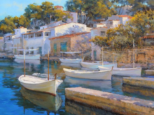 Alex Krioutchkov, Cala Figuera 24 (Wunschgröße, Malerei, Fotorealismus, Mallorca, Hafen, Boote, Segelboote, Sonnenlicht, Spiegelungen, Häuser, Meer, Sommer, Urlaub, Wasser, Wohnzimmer, bunt)