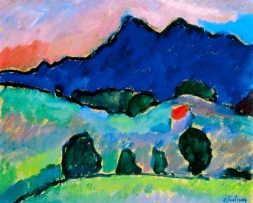 Alexej von Jawlensky, Blauer Berg (Malerei, Expressionismus, klassische Moderne, Natur, Landschaft, Bäume, Berge, Hügel, Schlafzimmer, Wohnzimmer, Treppenhaus, Arztpraxis, bunt)