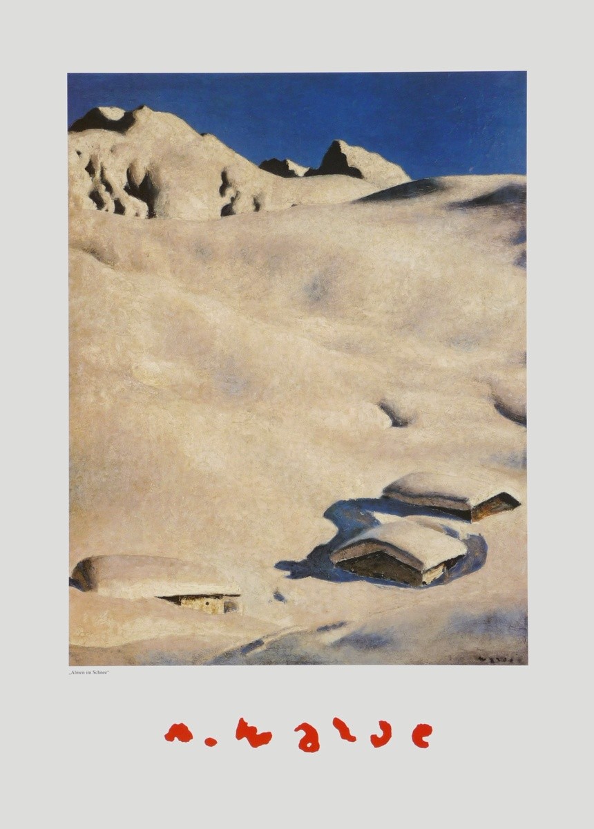 Alfons Walde, Almen im Schnee (Natur, Gebirge, Winter, Winterlandschaft, Hütten im Schnee, Schnee, Sonnenlicht, Secessionismus, klassische Moderne, Wohnzimmer, Treppenhaus, bunt, Malerei)